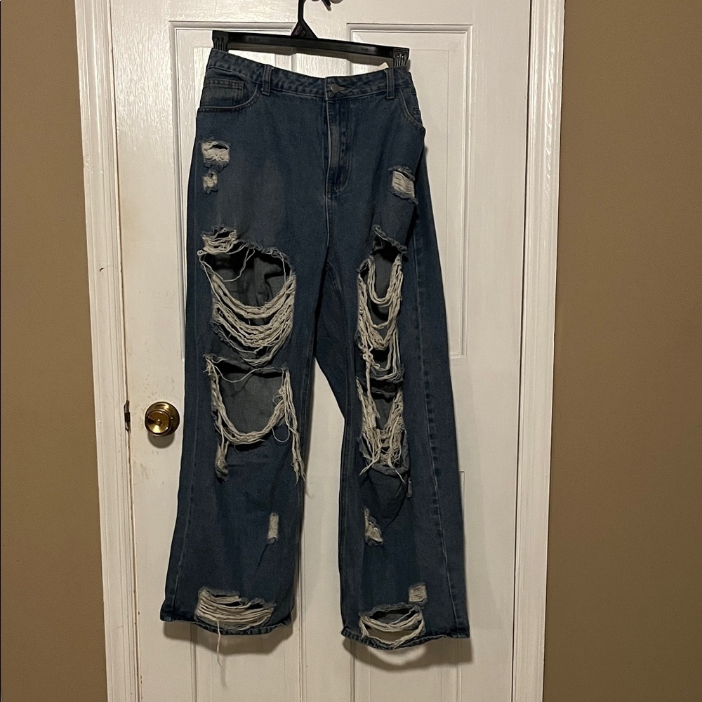SHEIN Distressed Wide Leg Jeans - Blue